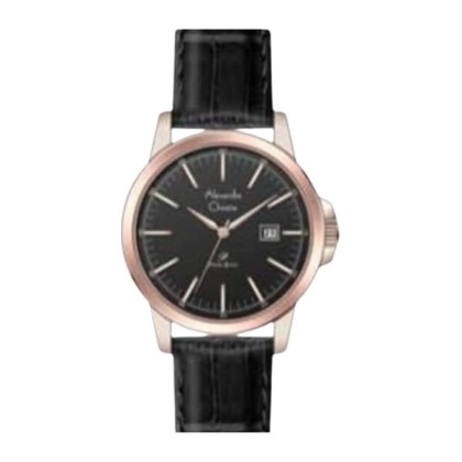 Alexandre Christie ALCW1008MDLRGBA Black Dial Rose Gold Case Leather Strap Analog Men Watch